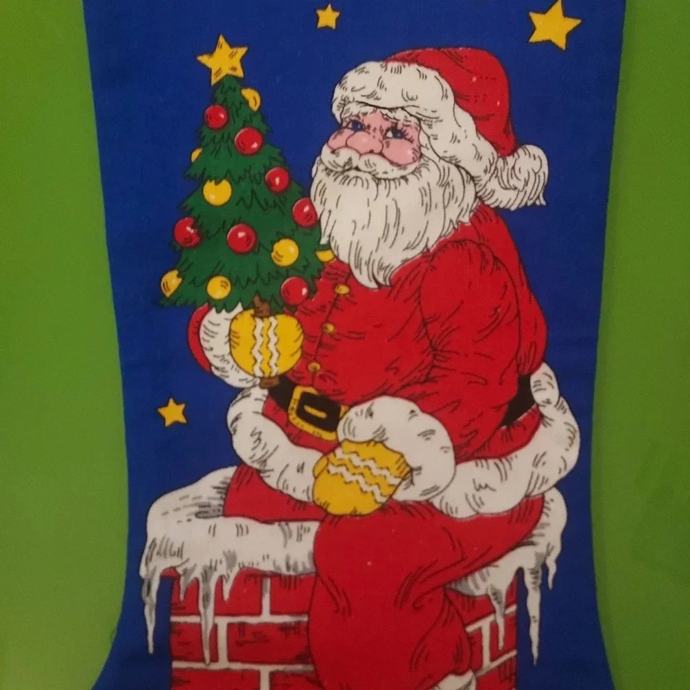 Vintage Cut and Sew Christmas Stocking Featuring Santa Holding Christmas Tree